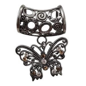 Butterfly Silver Tone Ring Slider Jewelry Scarf Dangle Charm Pendant